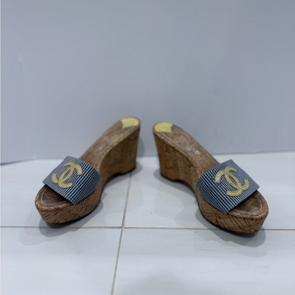 CHANEL Yellow and Brown Wedge Sandals with Cork Heel